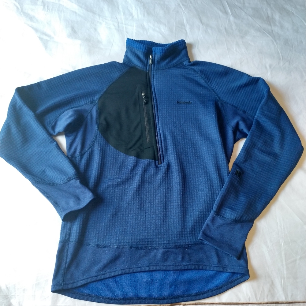 Patagonia Blue Zip-Up Sweater with Black Chest Panel